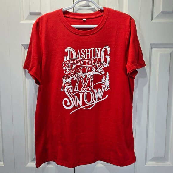 New Red Christmas Graphic T-Shirt – “Dashing Through the Snow” – Size Large - Picture 1 of 6
